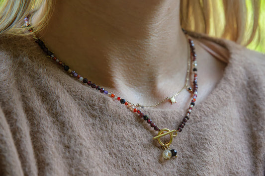 SERCE KRÓLOWEJ - NASZYJNIK Z GRANATU, SPINELU I CYTRYNU, elegancki naszyjnik z kolorowymi kamieniami, ułożony na białym tle z dekoracją w tle.