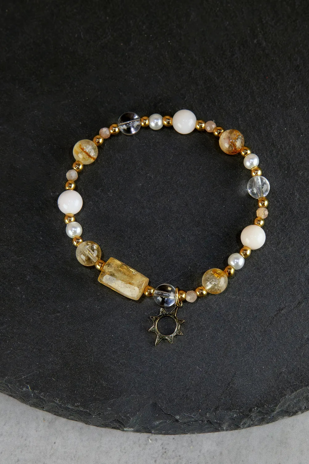 Okruch Słońca - bransoletka z cytrynu, kwarcu różowego i kryształu górskiego - biżuteria Patilinka