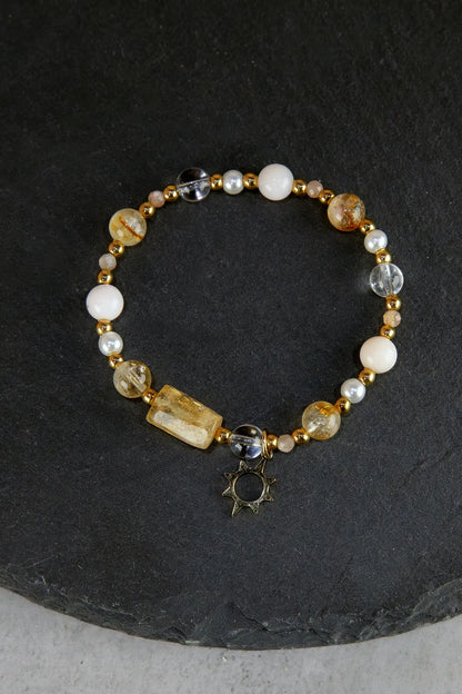 Okruch Słońca - bransoletka z cytrynu, kwarcu różowego i kryształu górskiego - biżuteria Patilinka