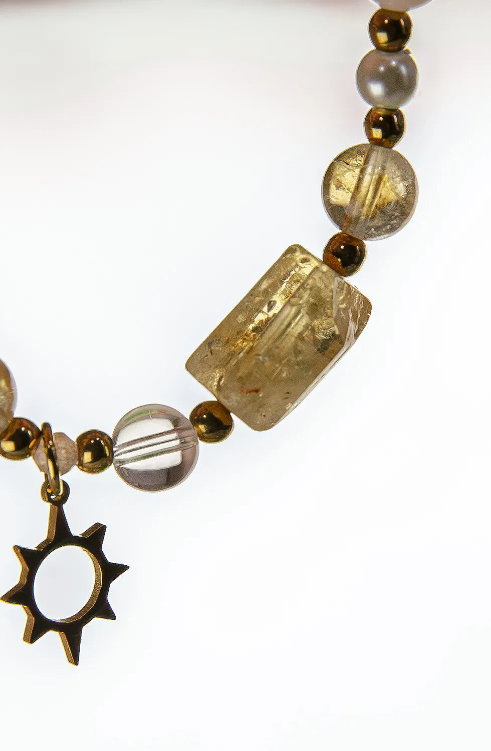 Okruch Słońca - bransoletka z cytrynu, kwarcu różowego, kryształu górskiego i złotym słońcem Patilinka