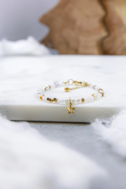 Ręcznie robiona bransoletka Pati Linka "Słoneczna Harmonia". Kompozycja naturalnego kamienia słonecznego, cytrynu, zielonego jadeitu i masy perłowej jako talizman równowagi.