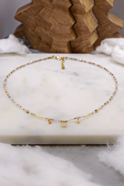 Ręcznie robiony naszyjnik Pati Linka "Słoneczna Harmonia". Holistyczna kompozycja naturalnego kamienia słonecznego, cytrynu, jadeitu i masy perłowej jako talizman równowagi.