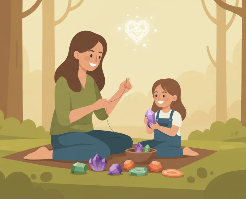 Ilustracja przedstawiająca Patrycję (Pati Linka) z córką w lesie, wspólnie odkrywające kamienie naturalne, symbolizująca początek pasji do tworzenia biżuterii z sercem i natury.