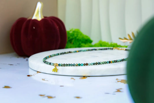 TARCZA ŻÓŁWIA - NASZYJNIK Z TURKUSU AFRYKAŃSKIEGO, delikatny naszyjnik z małymi koralikami turkusowymi, zawieszka w kształcie żółwia, tło z czerwoną dynią i zielonymi liśćmi.